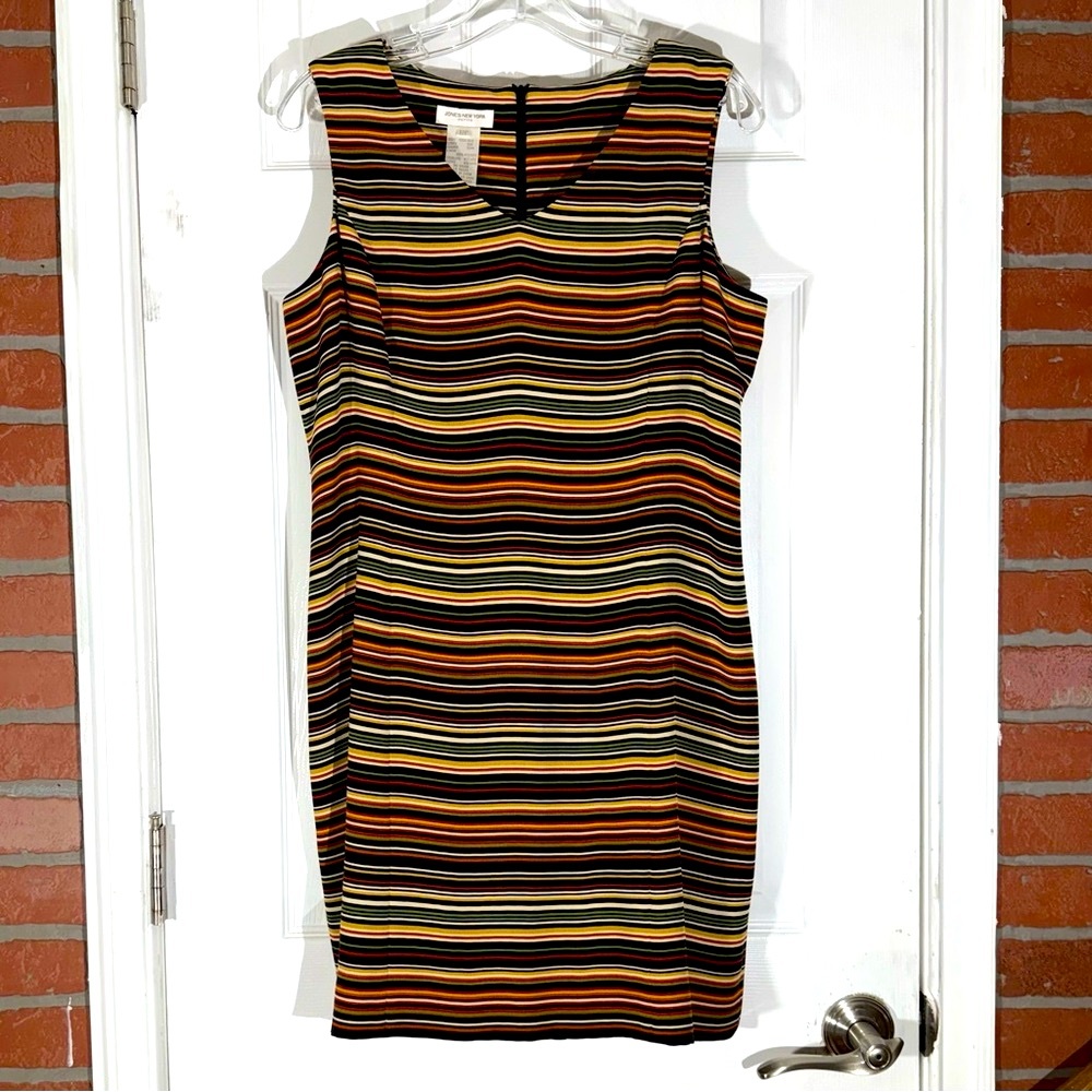Jones New York Petite Size 12P Multicolor Stripes Sheath Midi Dress Lined